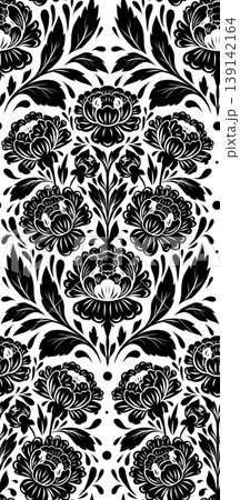 Monochrome tracery seamless pattern of peonies with leaves. Vector texture with black silhouette of blooming flowers. Monochrome tracery seamless pattern of peonies with leaves. Vector texture with black silhouette of blooming flowers. 139142164