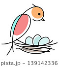 Bird and a nest with three bird eggs 139142336