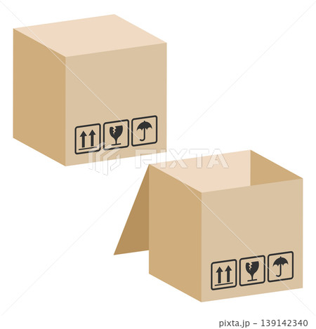 Packaging cardboard boxes with logistics symbols, open and closed Packaging cardboard boxes with logistics symbols, open and closed 139142340