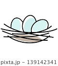 Three bird eggs are lying in a nest 139142341