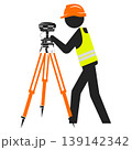 Working engineer in a hard hat stands in front of a geodetic instrument 139142342