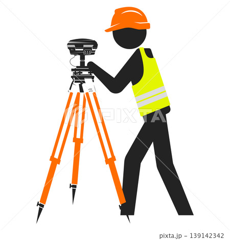 Working engineer in a hard hat stands in front of a geodetic instrument 139142342