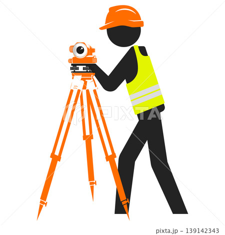 Working engineer in a hard hat stands in front of a geodetic measuring instrument 139142343