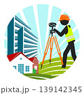 Working engineer stands in front of a surveying instrument against the backdrop of residential buildings and land plots 139142345