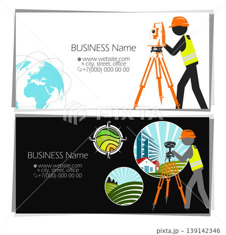Working engineer stands with a geodetic instrument, a business card for geodetic and cadastral works Working engineer stands with a geodetic instrument, a business card for geodetic and cadastral works 139142346