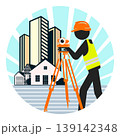 Working engineer stands with a surveying instrument, residential buildings and land plots 139142348