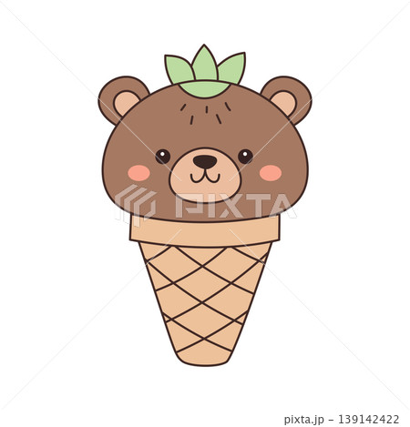 Bear ice cream cone illustration with green leaf on top and waffle cone design 139142422