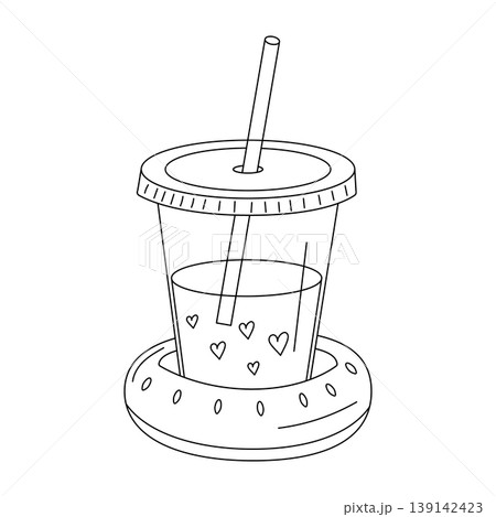 Drink cup with a straw inside a donut-shaped holder with hearts, watermelon donut Drink cup with a straw inside a donut-shaped holder with hearts, watermelon donut 139142423