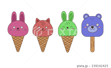 Colorful ice cream cones with animal faces including a bunny, cat, rabbit, and bear Colorful ice cream cones with animal faces including a bunny, cat, rabbit, and bear 139142425