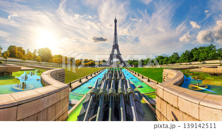 Iconic Eiffel Tower silhouette against a dramatic sunset sky at Trocadero, Paris, France 139142511