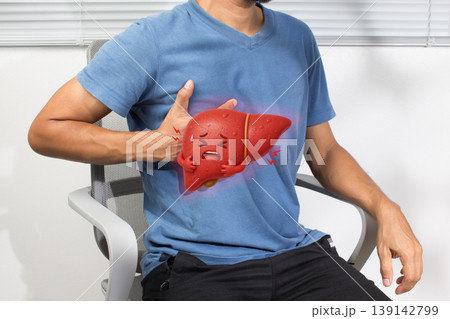 Man with liver disease concept showing cirrhosis hepatitis inflammation and pain Man with liver disease concept showing cirrhosis hepatitis inflammation and pain 139142799