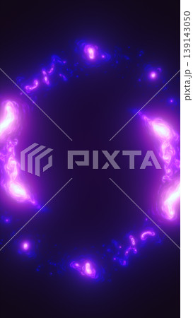 Abstract purple plasma ring with glowing energy clusters forming a luminous portal on a dark background. 139143050