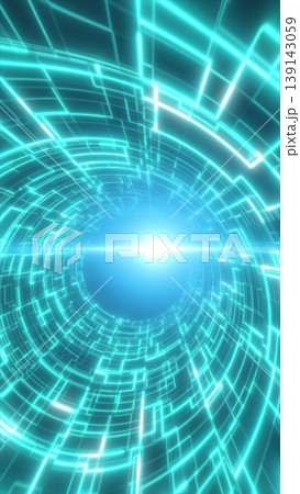 Glowing turquoise digital tunnel with circuit rings converging to a bright core, futuristic cyberspace background Glowing turquoise digital tunnel with circuit rings converging to a bright core, futuristic cyberspace background 139143059
