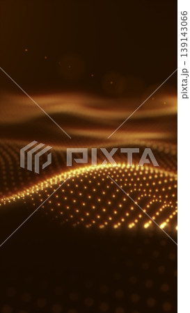 Golden glowing particle wave landscape with depth of field, abstract data surface and shimmering dots in warm amber tones with copy space Golden glowing particle wave landscape with depth of field, abstract data surface and shimmering dots in warm amber tones with copy space 139143066