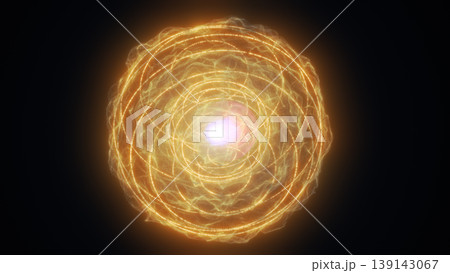Glowing golden energy sphere with layered orbit lines and bright core flare, futuristic abstract plasma globe on dark background 139143067