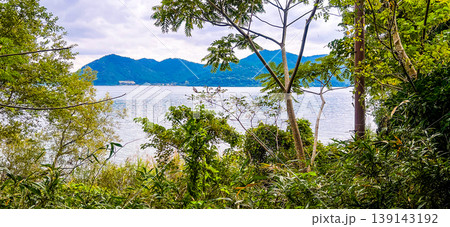 木々の隙間から望む琵琶湖と対岸の山々の風景 139143192