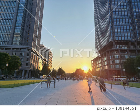 東京丸の内のビル群と夕日 139144351