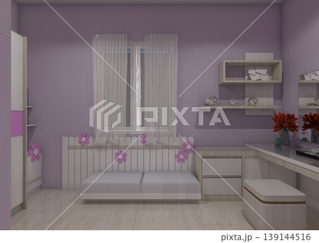 Rendering of a modern girls bedroom vanity and study desk featuring light wood purple and white accents. Rendering of a modern girls bedroom vanity and study desk featuring light wood purple and white accents. 139144516