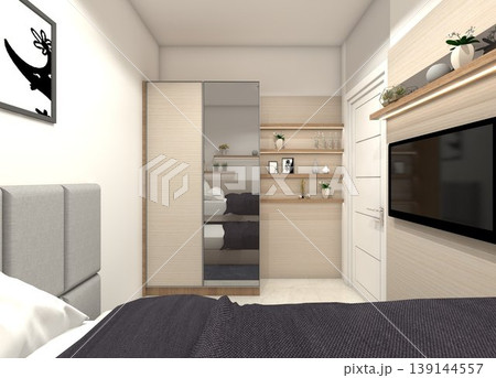 Rendering of a minimalist wardrobe and TV panel unit featuring light wood textures and integrated furniture lighting. Rendering of a minimalist wardrobe and TV panel unit featuring light wood textures and integrated furniture lighting. 139144557
