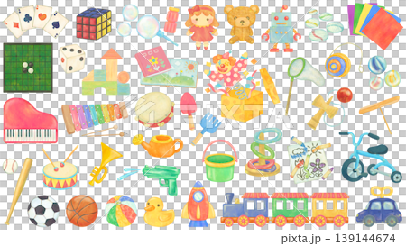 A set of illustrations of various toys for children to play with. 139144674