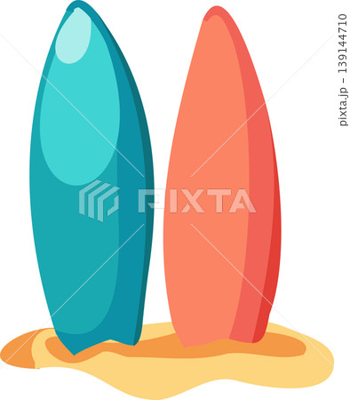 two surfboards standing on sandy beach during summer. surfing boards on sandy beach two surfboards standing on sandy beach during summer. surfing boards on sandy beach 139144710