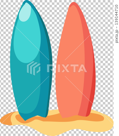 two surfboards standing on sandy beach during summer. surfing boards on sandy beach 139144710
