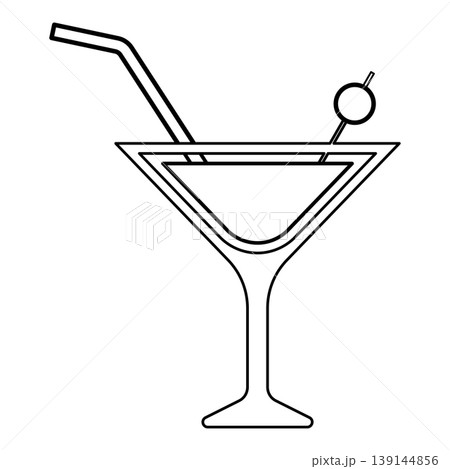 Martini cocktail with straw and olive garnished in glass alcoholic concept leisure contour outline line icon black color vector illustration image thin flat style Martini cocktail with straw and olive garnished in glass alcoholic concept leisure contour outline line icon black color vector illustration image thin flat style 139144856