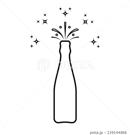 Bottle of champagne popping open splash with stars and bubbles holiday concept contour outline line icon black color vector illustration image thin flat style 139144866