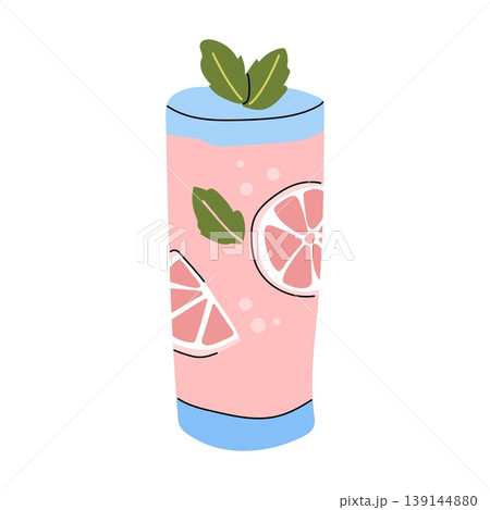 Grapefruit soda drink with mint leaves in tall glass 139144880