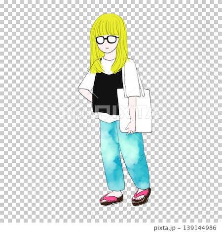 一個長髮金髮女孩穿著牛仔褲出門 139144986