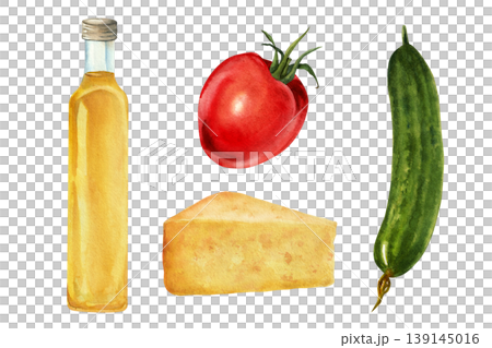 A set of farm products: oil, tomato, cucumber, and cheese. Watercolor illustrations for markets, stores, and kitchen design. 139145016