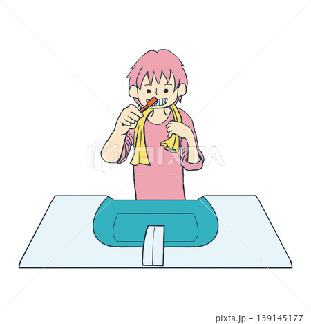 ホテルの洗面台で歯を磨く男性のイラスト ホテルの洗面台で歯を磨く男性のイラスト 139145177