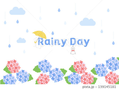 梅雨の背景イラスト　梅雨バナー　梅雨素材　雨の日　フレーム　水滴　蛙　傘　　 139145181
