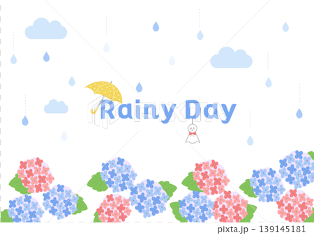 梅雨の背景イラスト　梅雨バナー　梅雨素材　雨の日　フレーム　水滴　蛙　傘　　 139145181