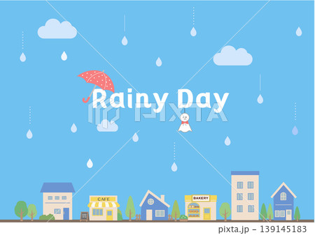梅雨の背景イラスト　梅雨バナー　梅雨素材　雨の日　フレーム　水滴　蛙　傘　　 139145183