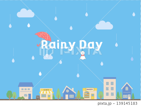 梅雨の背景イラスト　梅雨バナー　梅雨素材　雨の日　フレーム　水滴　蛙　傘　　 139145183