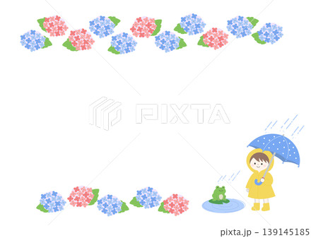 梅雨の背景イラスト　梅雨バナー　梅雨素材　雨の日　フレーム　水滴　蛙　傘　　 139145185