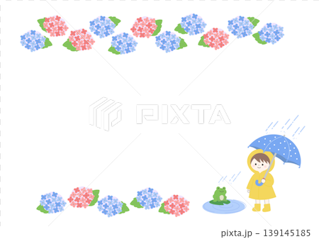 梅雨の背景イラスト　梅雨バナー　梅雨素材　雨の日　フレーム　水滴　蛙　傘　　 139145185