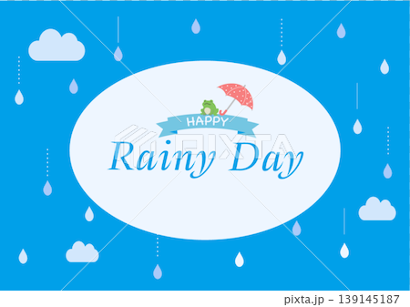 梅雨の背景イラスト　梅雨バナー　梅雨素材　雨の日　フレーム　水滴　蛙　傘　　 139145187