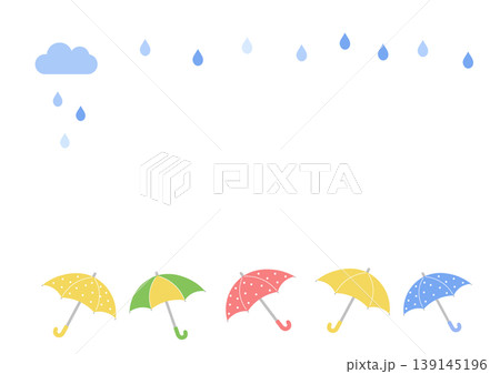 梅雨の背景イラスト　梅雨バナー　梅雨素材　雨の日　フレーム　水滴　蛙　傘　 139145196