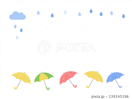 梅雨の背景イラスト　梅雨バナー　梅雨素材　雨の日　フレーム　水滴　蛙　傘　 139145196
