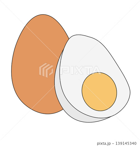 Chicken Egg. Sliced boiled egg and whole one in the shell. Egg Colored composition hand drawn illustration. Vector graphic line art. Healthy Food, Protein Breakfast vector illustration. 139145340