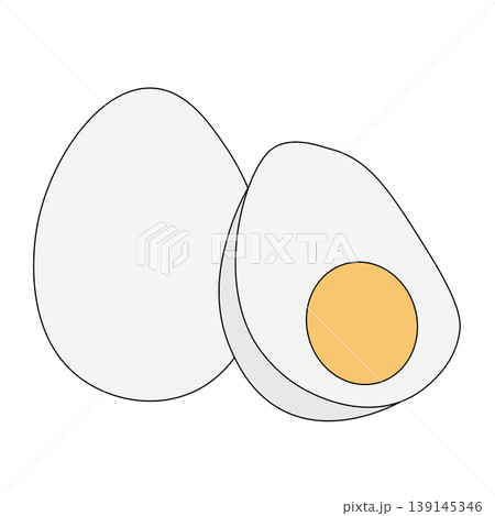 Whole egg and cut in half with yolk and albumen, Egg Colored composition hand drawn illustration. Vector graphic line art. side view of morning snack mascot, cartoon healthy nutrition Whole egg and cut in half with yolk and albumen, Egg Colored composition hand drawn illustration. Vector graphic line art. side view of morning snack mascot, cartoon healthy nutrition 139145346