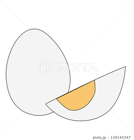Hard boiled eggs, colored composition hand drawn illustration. Vector graphic line art. Whole egg and cut in half with yolk and albumen, side view of morning snack mascot, cartoon healthy nutrition Hard boiled eggs, colored composition hand drawn illustration. Vector graphic line art. Whole egg and cut in half with yolk and albumen, side view of morning snack mascot, cartoon healthy nutrition 139145347