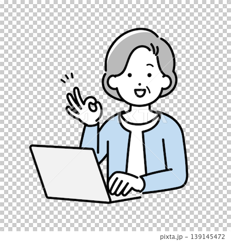ノートパソコンの前でOKサインをするシニア女性のイラスト ノートパソコンの前でOKサインをするシニア女性のイラスト 139145472