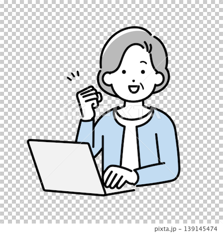 ノートパソコンの前でガッツポーズをするシニア女性のイラスト ノートパソコンの前でガッツポーズをするシニア女性のイラスト 139145474