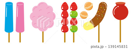 夏祭りの屋台グルメとひんやりスイーツのイラストセット 夏祭りの屋台グルメとひんやりスイーツのイラストセット 139145831