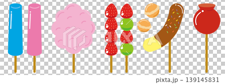 夏祭りの屋台グルメとひんやりスイーツのイラストセット 夏祭りの屋台グルメとひんやりスイーツのイラストセット 139145831