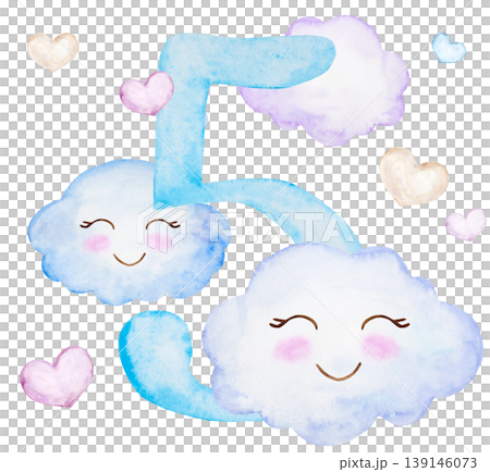 Watercolor light blue number 5 with smiling clouds and hearts, monthly milestone card illustration Watercolor light blue number 5 with smiling clouds and hearts, monthly milestone card illustration 139146073