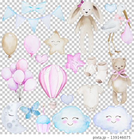 Watercolor pastel clipart set, isolated illustrations for baby milestone cards and nursery decor Watercolor pastel clipart set, isolated illustrations for baby milestone cards and nursery decor 139146075